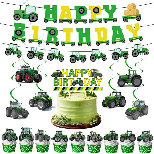 Farm Tractor Birthday Party Decorations - 19 Pcs Green Tractor Theme Banner Hanging Swirls Cake Cupcake Toppers for Boys Kids Farm Excavator Themed Birthday Baby Shower Decor Supplies