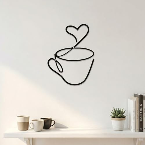 XETHI Minimalistische Wanddeko aus Schwarzem Metall | 21cm×16cm Eisen-Kaffeeschild mit Herz-Design | Modernes Kaffeebar-Schild für Küche & Esszimmer