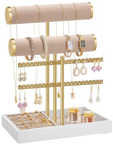 SONGMICS Schmuckhalter Schmuckständer 2 Armbandhalter Ohrringhalterung | Schmuck-Organizer mit Tablett aus Samt, abnehmbarer Ringhalter, blassgold-kamelbraun JJS046A101