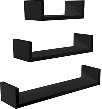 Meerveil Wandregal 3er Set U Form Schweberegal Hängeregal Wandboard Bücherregal 30/45/60 cm Regal Wand Dekorativ Kreativ für Schlafzimmer Wohnzimmer Küche Flur, Schwarz