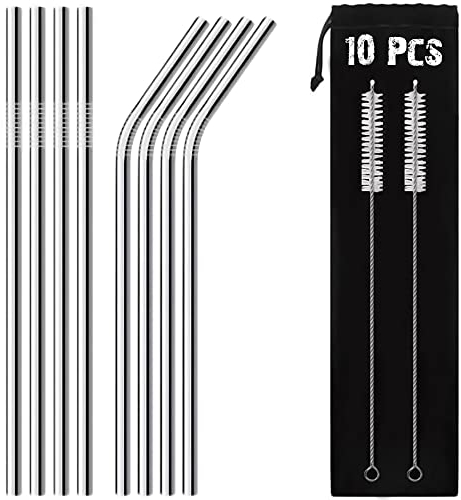 AUNEK Pailles en Acier Inoxydable, Lot de 8 Écologique Réutilisable sans BPA Pailles en Métal avec 2 Brosses de Nettoyage et Sac de Rangement pour Smoothies Milkshake Cocktail Café et Boissons Chaude