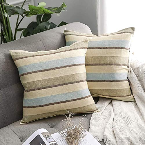 MIULEE Streifen Kissenbezüge Kissenhülle Leinenoptik Sofakissen Dekorative Kissenbezug Dekokissen Deko Couchkissen Bezug für Sofa Büro Couch Schlafzimmer Wohnzimmer 2er Set 50x50 cm Hellblau