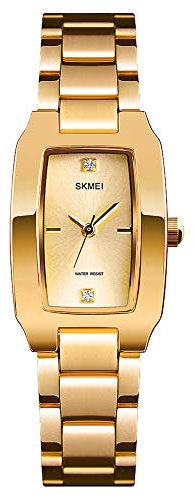 SKMEI Damen-Armbanduhr, rechteckig, Roségold, Silber, Edelstahl, wasserdicht, luxuriös, Quarz, Analog 1.3*0.9*0.35 inches Gold L