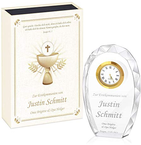 Maverton Glas-Statuette mit Uhr - Statuette mit Gravur - in personalisierter Box - Kristall Statuette - Uhr mit 3D-Gravur - Taufe Kommunion Konfirmation - religiös - für Patenkind - Kelch