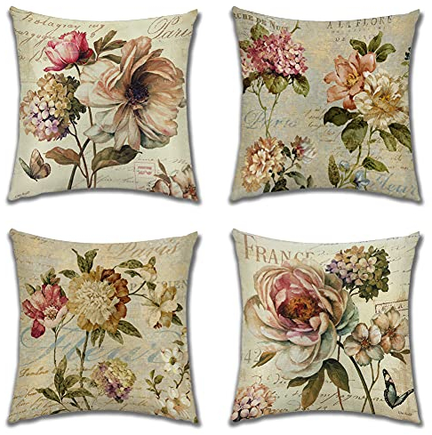 JOTOM Kissenbezüge, Set mit 4 quadratischen Blumen-Kissenbezügen, Heimdekoration, für Sofa, Stuhl, Couch, Schlafzimmer, Garten, Outdoor, dekorativ, 45 x 45 cm (Blumen)