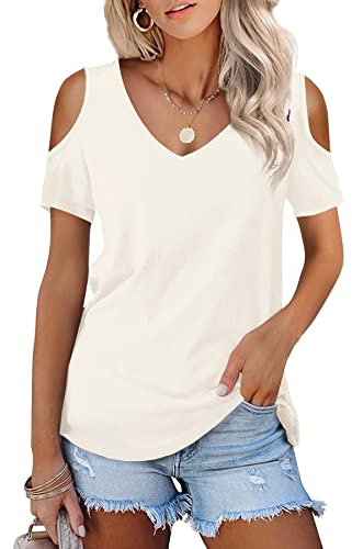 Beluring Women Short Sleeve Tee Shirts Sexy V Neck Tunic Tops Cream Size 18 20