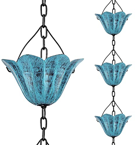 Adorafur Regenketten für Dachrinnen außen, 2,5 m, Regenfangkette mit 12 blauen Tulpenbechern, dekorativer Ersatz für Fallrohr