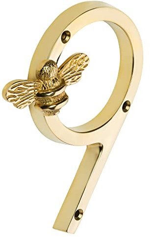 Gold Brass bee House Number with Bee design | 5 inch Modern Door Sign Numbers Signs Plaques | Street Home Address Numerals (9)