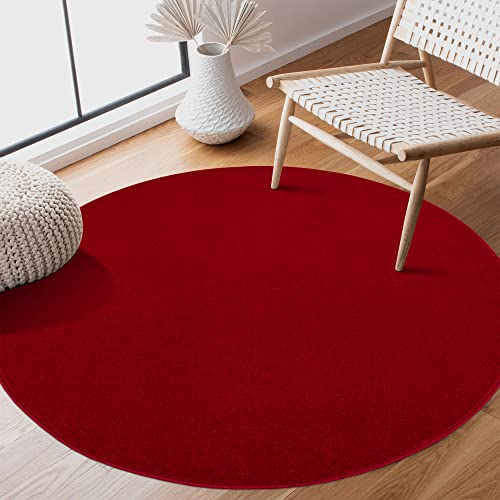 SANAT Kurzflor Teppich Wohnzimmer - Uni Modern Teppiche fürs Schlafzimmer, Arbeitszimmer, Büro, Flur, Kinderzimmer und Küche - Rot, 80 cm Rund