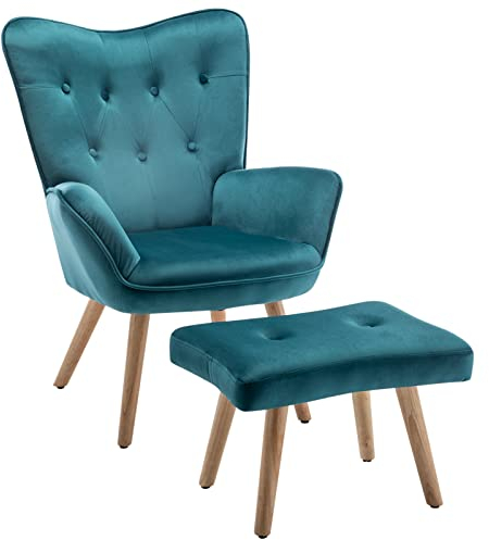 HollyHOME Ohrensessel mit Hocker Sessel mit Hocker Sessel Wohnzimmer & Schlafzimmer Samt Relaxsessel Lesesessel Lounge Sessels Armlehnensessel, Pfauengrün