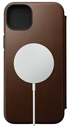 Nomad Moderne Lederhülle für iPhone 14 Plus, rustikal, braunes Leder, Brieftaschen-Schutzhülle, 3 Kartenfächer, Schutzhülle, Magnet-Safe & kabelloses Laden