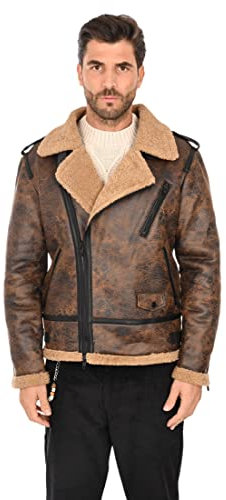 Ciabalù Montone Uomo Invernale Con Pelliccia Giubbotto Chiodo Slim Fit (XXL, Marrone)