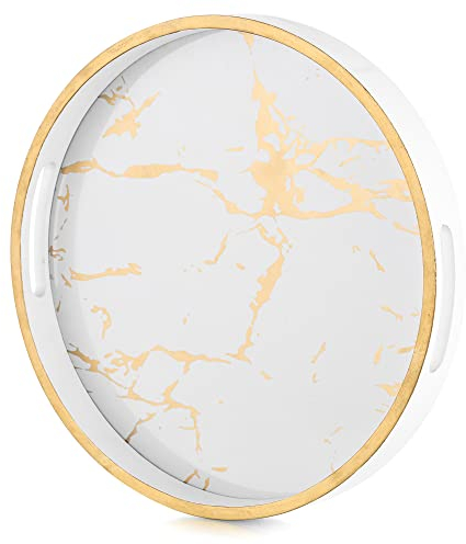 Hanobe Holztablett Deko Tablett Rund: Weiß Dekoablett 30cm Serviertablett mit Henkel Weiss Holz Marmor Modern Dekorative Tablett Klein rutschfest für Küche Home