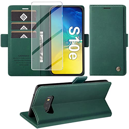 Handyhülle für Samsung Galaxy S10E Hülle mit Schutzfolie, Standfunktion Kartenfach Wallet Premium Leder Schutzhülle S10e Flip Case Cover Stoßfeste Klapphülle S10E 5.8 Zoll (Grün)