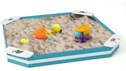 GYMAX Wooden Kids Sandbox, Children Outdoor Sandpit with Corner Seats, Garden Sand Box for Boys Girls (Square)