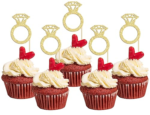 Gyufise 36Pcs Diamond Ring Cupcake Toppers Gold Glitter Diamond Wedding Ring Cupcake Picks for Marriage Engagement Anniversary Valentines Party Cake Decorations Supplies