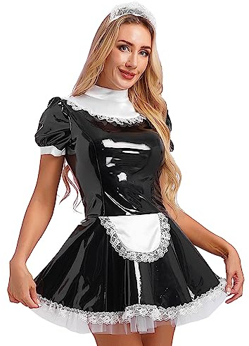 Alvivi Damen Dienstmädchen Kostüm Schwarz Wetlook Kleid Mini Rock Französisch Uniform Cosplay Kostüm Fasching Karneval S-5XL C Schwarz S