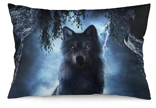 NIBABA Kissenbezug, Motiv: Wolf allein und stürmischer Himmel, dekorativer Kissenbezug, 50 x 75 cm, 1 Stück
