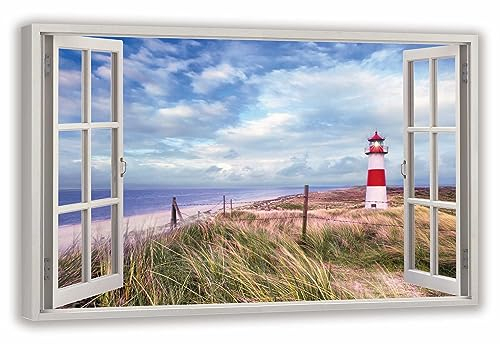 HUBDECO Leinwandbild Fensterblick Dünen Bild 120x80 cm - Landschaftsbilder auf Leinwand - Wandbilder Wohnzimmer - Bild Fenster mit Ausblick - Aesthetic Room Decor - Wanddeko Schlafzimmer