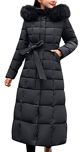 Damen Oversized Steppmantel Daunenjacke mit Gürtel Warm Fellkapuze Parka Coat für Frauen Zip Hoodies Wintermantel Outdoor Steppjacke Winterparka Outwear Taschen