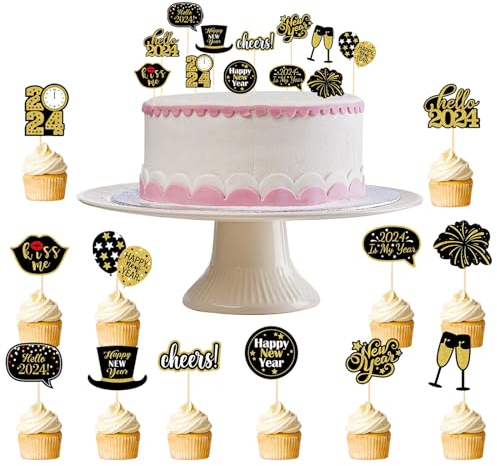 2025 Silvester Tortendeko, 24 Stück Silvester Muffin Deko, Silvester Deko Happy New Year Cupcake Toppers, Frohes Neues Jahr Kuchen Deko Cake Toppers, Neujahr Zubehör für Party Tisch Kuchen Dekoration