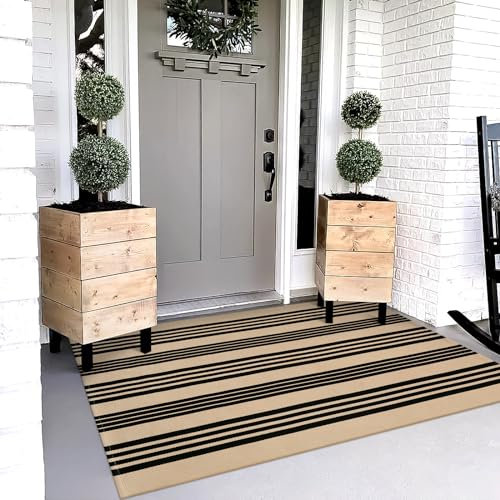 OJIA Outdoor-Teppich, 90 x 150 cm, maschinenwaschbar, Baumwolle, handgewebt, Eingangsteppich, für drinnen und draußen, gestreifter Teppich für Veranda, Deck, Hinterhof, Camping, Wohnzimmer