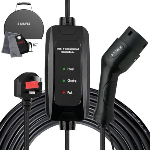 E-S1mple EV Charger Cable Type 2 To 3 Pin Plug 5M/16.4FT / 3KW / 13A / Ip65, 3Pin Plug EV Charger Type 2 Charging Cable 3 Pin UK Plug With LED Indicators for EVs & PHEVs