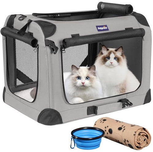 Petprsco Large Cat Carrier for 2 Cats Small Medium Dogs, Soft Pet Carrier 60x42x42cm for Traveling with Warm Blanket Foldable Bowl and Washable Pad