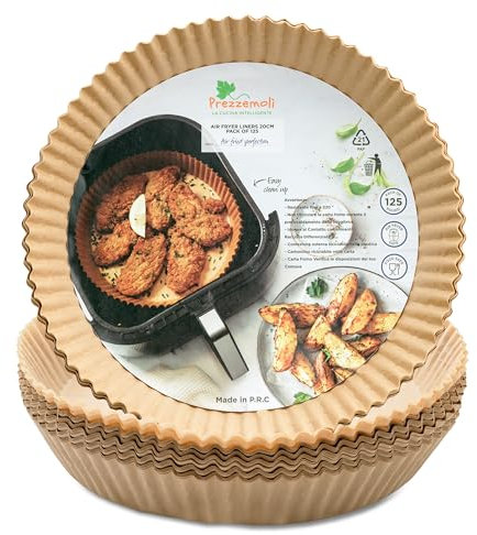 PREZZEMOLI Carta Forno per Friggitrice ad Aria,Accessori Friggitrice ad Aria,Teglia per Friggitrice ad Aria,Carta per Friggitrice ad Aria,Carta da Forno per Friggitrice ad Aria,125 Fogli da 20 cm
