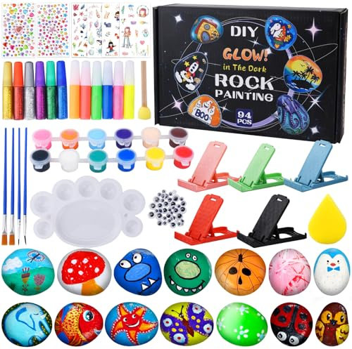 TOSUTO Kit de Peinture sur Pierre pour Enfants,12 Galets à Décore + 2 pierres lumineuses,Kits de Loisirs Créatifs Enfants,Kits de Bricolage avec 24 Peintures et 4 autocollants,pour Enfants de 3+ Ans