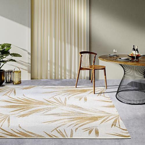 Villeroy & Boch Leonie In- & Outdoor Teppich Modern - Flachgewebe Aussenteppich, Palmen Blätter Design, ÖKO-TEX Wetterfest & UV-beständig für Balkon, Terrasse, Garten – Creme Gold, 200x285cm