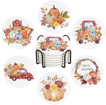 Getränkeuntersetzer für Getränke, 6 Stück, Herbst-Aquarell-Kürbis-LKW, saugfähig, rund, Keramik-Steinmatten-Untersetzer, mit Korkboden und Metallhalter, Heimdekoration, Hauseinweihungsgeschenk
