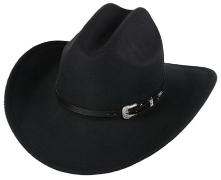 Henrrida Western Cowboy Hat for Men Women Classic Western Felt Fedora Hats Wide Brim with Belt Roll Up Cowboy Hat Cowgirl Hat with Buckle Belt Unisex for Outdoor Black