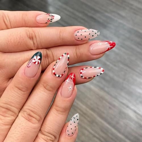 Ceboic 24 Pcs Weihnachten Nägel Zum Aufkleben Kurz Mandel, Winter Ballerina Press on Nails, Rot Grün Französische Künstliche Nägel Acryl Full Cover Kunstnägel Natürliche Falsche Nägel für Frauen