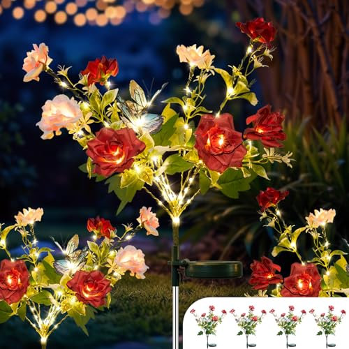 TopVelo Solar Garden Light 120 LEDs, 4 Packs Flower Solar Lights Outdoor with Butterfly, Intelligent Light Control System, IP65 Waterproof, Roses Path Lights for Decorating Courtyard, Fence
