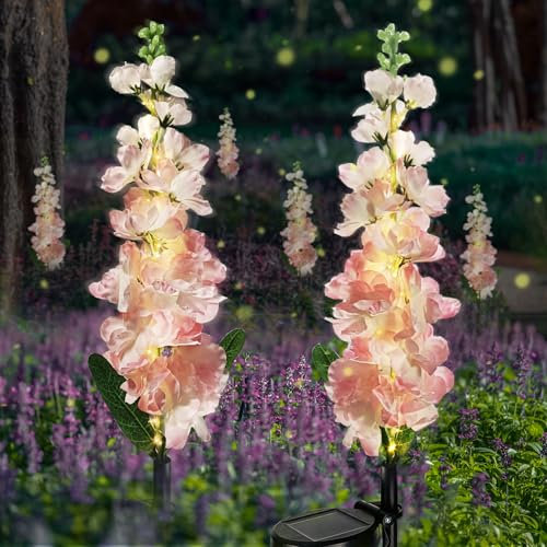 Solar Lights Outdoor, 2 Pack Upgraded Delphinium Solar Garden Lights,Waterproof Outdoor Light Solar Powered,Flower Garden Ornaments for Yard Lawn Patio Porch Pathway Cemetery Decorations (Pink)