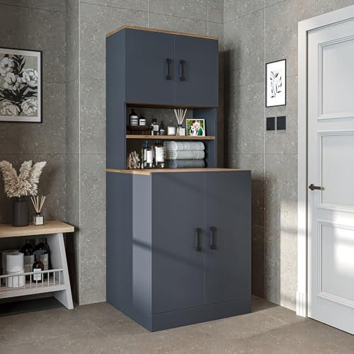 ROOMART, Badezimmer, Waschmaschinenschrank, Waschturm, Waschmachinenregal, Waschmaschinenüberbau - BHT: 70 x 180 x 69 cm (mit Oberschrank, Anthrazit Eiche)