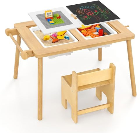 COSTWAY Kindertisch mit umkehrbarer Tischplatte, Spieltisch höhenverstellbar aus Kieferholz, sensorischer Tisch mit 2 Faltbare Behältern, Papierrolle & Haken, Aktivitätstisch für Kinder ab 2 Jahren