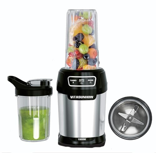 VITASUNHOW 1000W Personal Blender with 2 Cups for Shakes | 600ml/800ml BPA-Free Cups | Ice Crusher & Coffee Grinder | 6-Blade | Dishwasher Safe | Gym, Home, Office, Travel