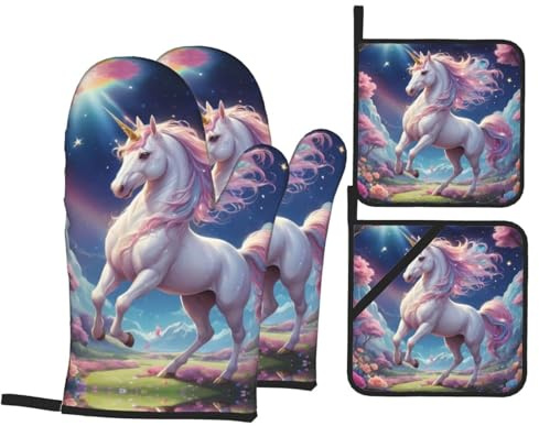 WBQLSL Ofenhandschuhe und Topflappen, Küche Backen 4-teiliges Set zum Kochen, Mikrowelle, Backen, Grillen, rosa Einhorn-Drucke