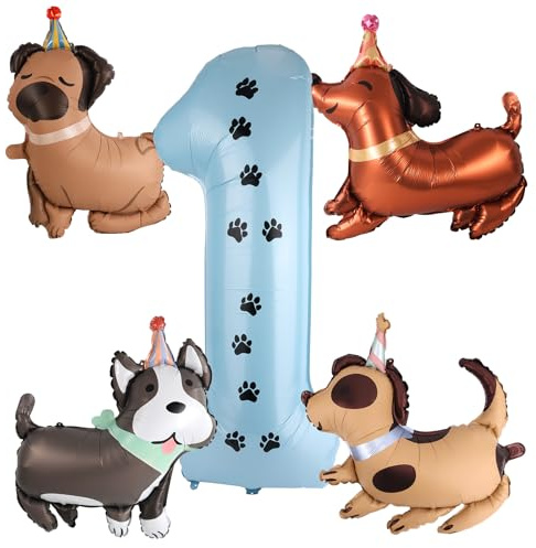 Penitue 5stk Luftballons mit Hundemotiven, Cartoon-Luftballons aus Aluminiumfolie Husky-Dackel-Haba- und Gefleckte Hunde-Designs für Welpengeburtstage 1. Geburtstag Partys und Feiern mit Tiermotiven