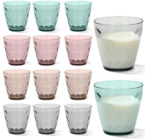 PORFOYO Juego de 12 vasos de agua coloridos, vasos de 325 ml, vasos de plástico, irrompibles, coloridos vasos de polipropileno para el hogar, camping y fiestas