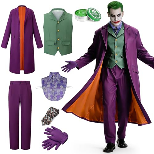 Beeoecm Joker Kostüm Herren, Killer Joker Outfit Herren Horror Clown Kostüm Erwachsener Set mit Lila Mantel, Grüne Weste, Hose, Krawatte, Falschem Hemdkragen und Handschuhen für Halloween (XXL)