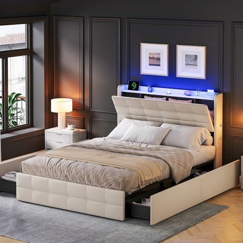 EINHOM Upholstered Bed Frame with Storage, 4ft6 Double Bed with LED-Lighting & Charging Station, Storage Bed with Concealed Headboard Storage & 4 Drawers, Velvet, Beige, 135x190 cm (No Mattress)