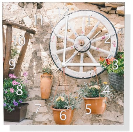 Wallario Design Wanduhr Wagenrad an Natursteinwand aus Aluverbund, Alu-Uhr Größe 30 x 30 cm, weiße Zeiger mit Metalloptik