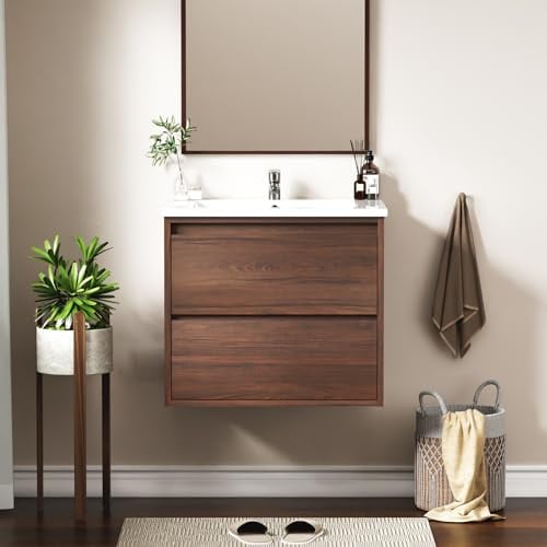 LDarqeer Waschbecken mit Unterschrank 60 cm breit, Waschbeckenunterschrank, Badmöbel Set für Gäste WC, Hängender Waschtisch mit Keramikwaschbecken und 2 Soft Close Vollauszug Schubladen, Walnussoptik