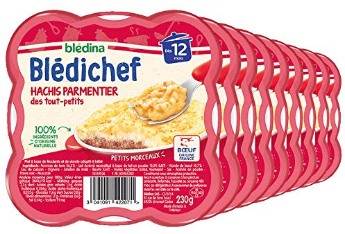 Blédina - Blédichef - Repas Bébé 12 Mois - 9 Plats Hachis Parmentier - Petits Morceaux - 100% Ingrédients d'Origine Naturelle - Dès 12 Mois - 9 Assiettes de 230g