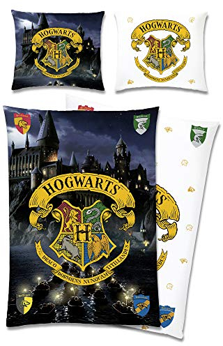 Harry Potter Wende-Bettwäsche Hogwarts 135 x 200 + 80 x 80 cm 100% Baumwolle Renforcé-Linon-Qualität Gryffindor Hufflepuff Ravenclaw Slytherin Ron Weasley Hermine deutsche Größe Reißverschluss
