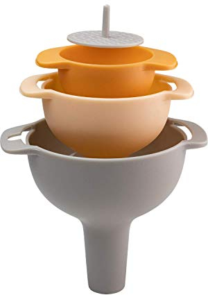 Taylors Eye Witness Four Piece Kitchen Funnel Set – Tab Handled Nested Funnel Pack With Detachable Strainer. Filter Or Bottle Oil And Liquid Or Dry Ingredients Like Flour And Pepper.