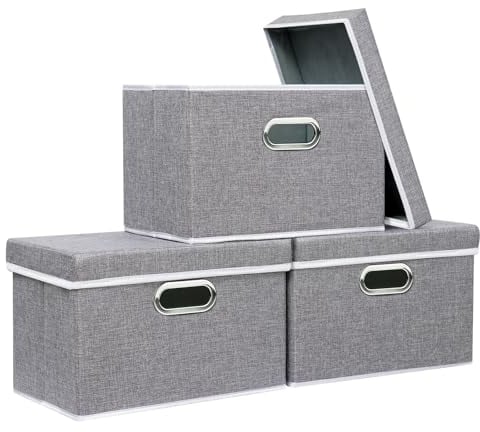Yawinhe Collapsible Storage Box 3 Pack, Fabric Clothing Shelf Basket with Lid, for Organizing Home, 38x25x25cm, Grey, SNK023GL-3